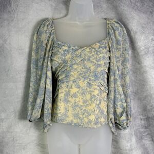 Express Floral Puff Sleeve Square Neck Pintuck Top Sz XS blue coquette romantic